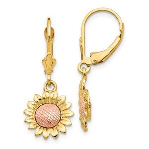 14k Two-tone Yellow & Rose Gold Sunflower Dangle Drop Lever-Back Earrings